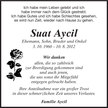 Traueranzeige von Suat Aycil von Echo-Zeitungen (Gesamtausgabe)
