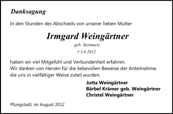 Traueranzeige von Irmgard Weingärtner von Echo-Zeitungen (Gesamtausgabe)
