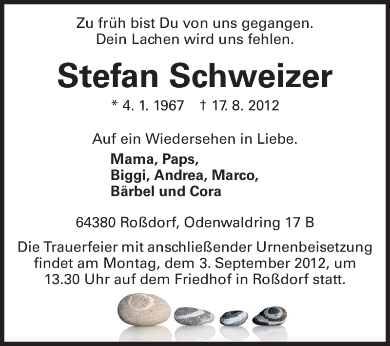  Traueranzeige für Stefan Schweizer vom 30.08.2012 aus Echo-Zeitungen (Gesamtausgabe)