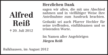 Traueranzeige von Alfred Reiß von Echo-Zeitungen (Gesamtausgabe)