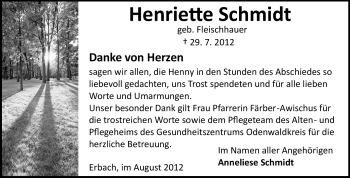 Traueranzeige von Henriette Schmidt von Odenwälder Echo