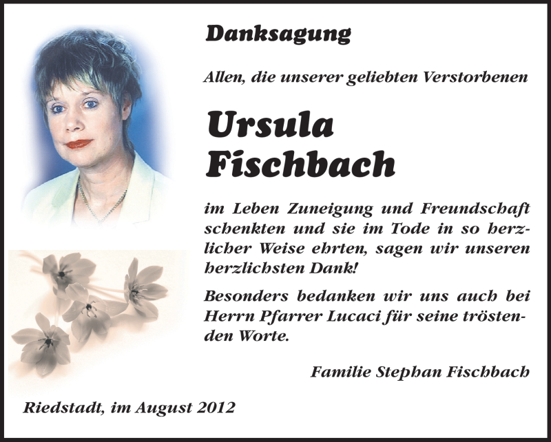  Traueranzeige für Ursula Fischbach vom 25.08.2012 aus Echo-Zeitungen (Gesamtausgabe)