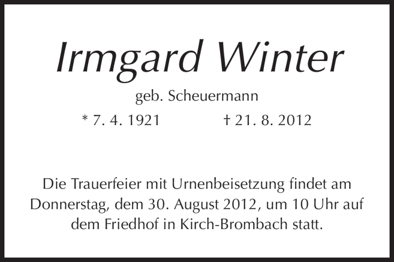  Traueranzeige für Irmgard Winter vom 28.08.2012 aus Odenwälder Echo