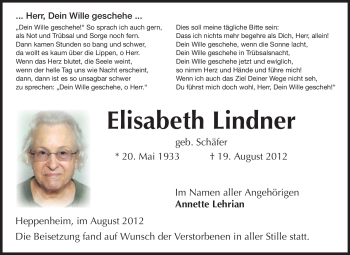 Traueranzeige von Elisabeth Lindner von Starkenburger Echo