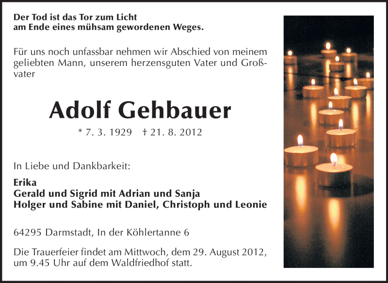  Traueranzeige für Adolf Gehbauer vom 25.08.2012 aus Echo-Zeitungen (Gesamtausgabe)