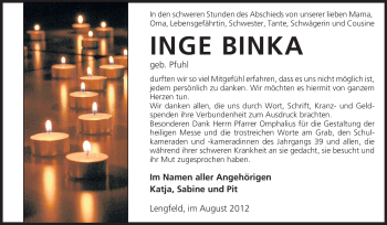 Traueranzeige von Inge Binka von Echo-Zeitungen (Gesamtausgabe)
