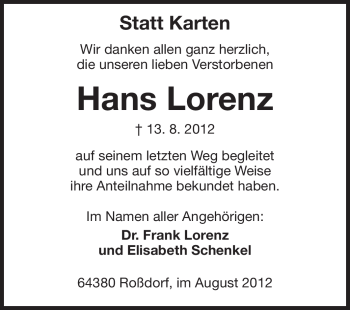 Traueranzeige von Hans Lorenz von Echo-Zeitungen (Gesamtausgabe)