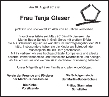 Traueranzeige von Tanja Glaser von Rüsselsheimer Echo, Groß-Gerauer-Echo, Ried Echo