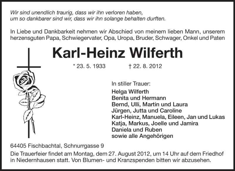  Traueranzeige für Karl-Heinz Wilferth vom 25.08.2012 aus Echo-Zeitungen (Gesamtausgabe)