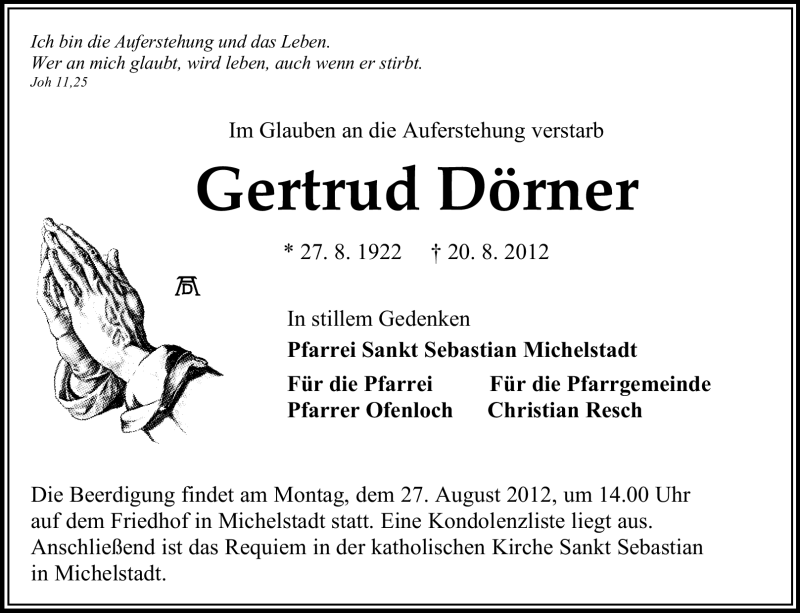  Traueranzeige für Gertrud Dörner vom 25.08.2012 aus Odenwälder Echo