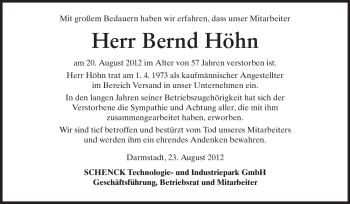 Traueranzeige von Bernd Höhn von Echo-Zeitungen (Gesamtausgabe)