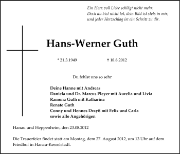 Traueranzeige von Hans-Werner Guth von Starkenburger Echo