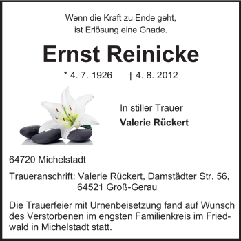 Traueranzeige von Ernst Reinicke von Odenwälder Echo