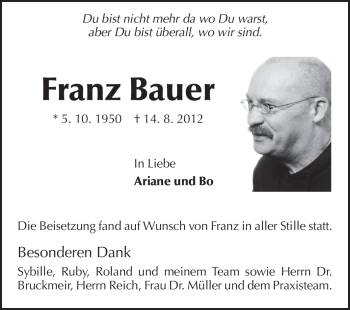 Traueranzeige von Franz Bauer von Starkenburger Echo