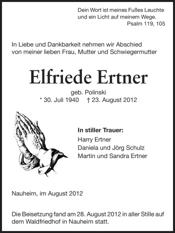 Traueranzeige von Elfriede Ertner von Rüsselsheimer Echo, Groß-Gerauer-Echo, Ried Echo