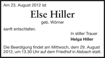 Traueranzeige von Else Hiller von Darmstädter Echo, Odenwälder Echo, Rüsselsheimer Echo, Groß-Gerauer-Echo, Ried Echo