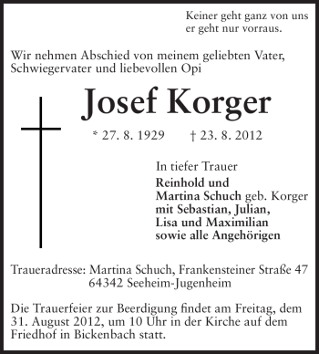 Traueranzeige von Josef Korger von Echo-Zeitungen (Gesamtausgabe)