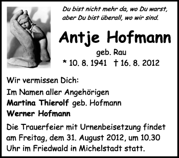 Traueranzeige von Antje Hofmann von Odenwälder Echo