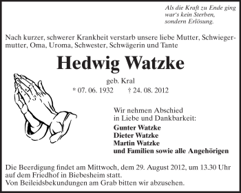Traueranzeige von Hedwig Watzke von Rüsselsheimer Echo, Groß-Gerauer-Echo, Ried Echo