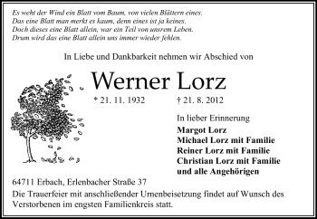 Traueranzeige von Werner Lorz von Odenwälder Echo