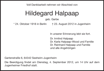 Traueranzeige von Hildegard Halpaap von Echo-Zeitungen (Gesamtausgabe)