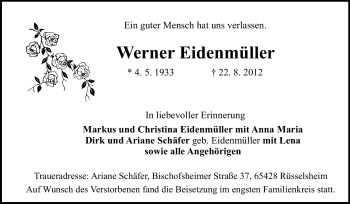 Traueranzeige von Werner Eidenmüller von Rüsselsheimer Echo, Groß-Gerauer-Echo, Ried Echo