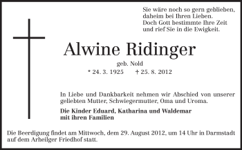 Traueranzeige von Alwine Ridinger von Echo-Zeitungen (Gesamtausgabe)