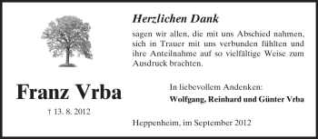 Traueranzeige von Franz Vrba von Starkenburger Echo