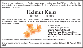 Traueranzeige von Helmut Kunz von Darmstädter Echo, Odenwälder Echo, Rüsselsheimer Echo, Groß-Gerauer-Echo, Ried Echo