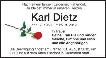 Traueranzeige von Karl Dietz von Darmstädter Echo, Odenwälder Echo, Rüsselsheimer Echo, Groß-Gerauer-Echo, Ried Echo
