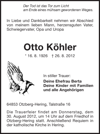 Traueranzeige von Otto Köhler von Echo-Zeitungen (Gesamtausgabe)