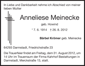 Traueranzeige von Anneliese Meinecke von Echo-Zeitungen (Gesamtausgabe)