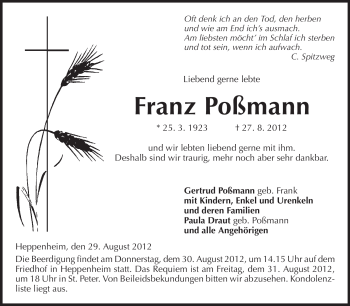 Traueranzeige von Franz Poßmann von Starkenburger Echo