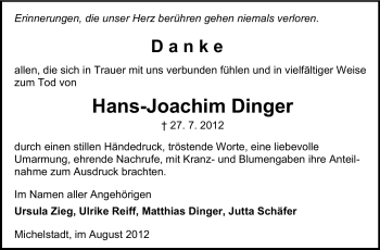 Traueranzeige von Hans-Joachim Dinger von Odenwälder Echo