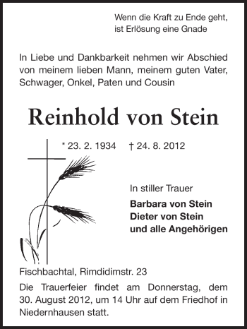 Traueranzeige von Reinhold von Stein von Echo-Zeitungen (Gesamtausgabe)