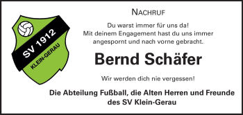 Traueranzeige von Bernd Schäfer von Rüsselsheimer Echo, Groß-Gerauer-Echo, Ried Echo
