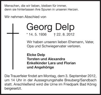 Traueranzeige von Georg Delp von Odenwälder Echo