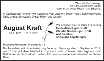 Traueranzeige von August Kraft von Odenwälder Echo