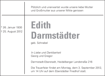 Traueranzeige von Edith Darmstädter von Echo-Zeitungen (Gesamtausgabe)