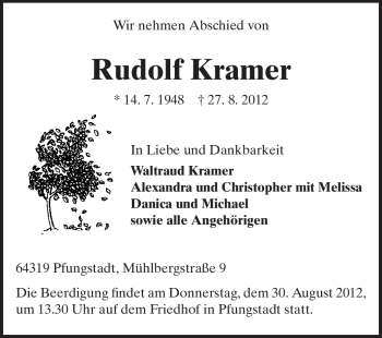 Traueranzeige von Rudolf Kramer von Echo-Zeitungen (Gesamtausgabe)