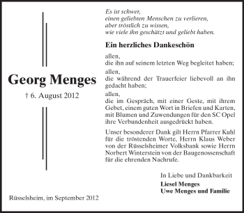 Traueranzeige von Georg Menges von Rüsselsheimer Echo, Groß-Gerauer-Echo, Ried Echo