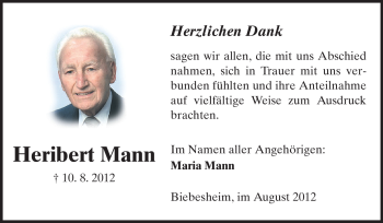 Traueranzeige von Heribert Mann von Rüsselsheimer Echo, Groß-Gerauer-Echo, Ried Echo