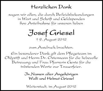Traueranzeige von Josef Griesel von Echo-Zeitungen (Gesamtausgabe)