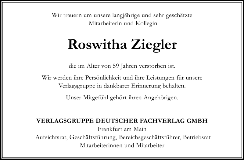  Traueranzeige für Roswitha Ziegler vom 30.08.2012 aus Rüsselsheimer Echo, Groß-Gerauer-Echo, Ried Echo