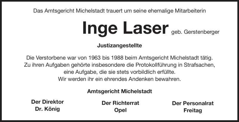  Traueranzeige für Inge Laser vom 30.08.2012 aus Odenwälder Echo