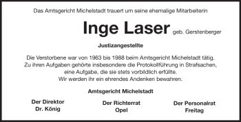 Traueranzeige von Inge Laser von Odenwälder Echo
