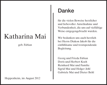 Traueranzeige von Katharina Mai von Starkenburger Echo, Bergsträßer Anzeiger