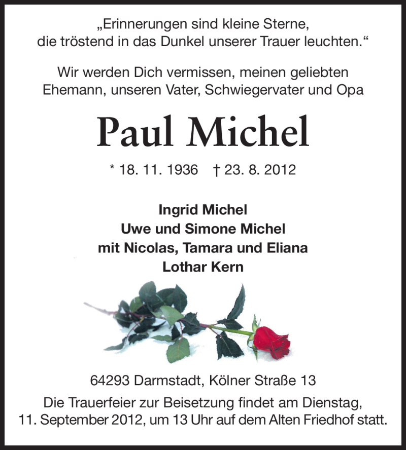  Traueranzeige für Paul Michel vom 01.09.2012 aus Echo-Zeitungen (Gesamtausgabe)