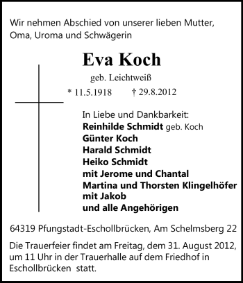 Traueranzeige von Eva Koch von Echo-Zeitungen (Gesamtausgabe)