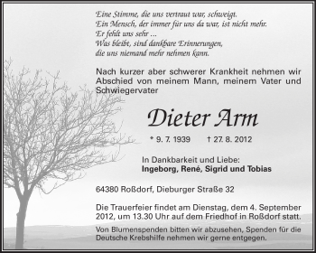 Traueranzeige von Dieter Arm von Echo-Zeitungen (Gesamtausgabe)